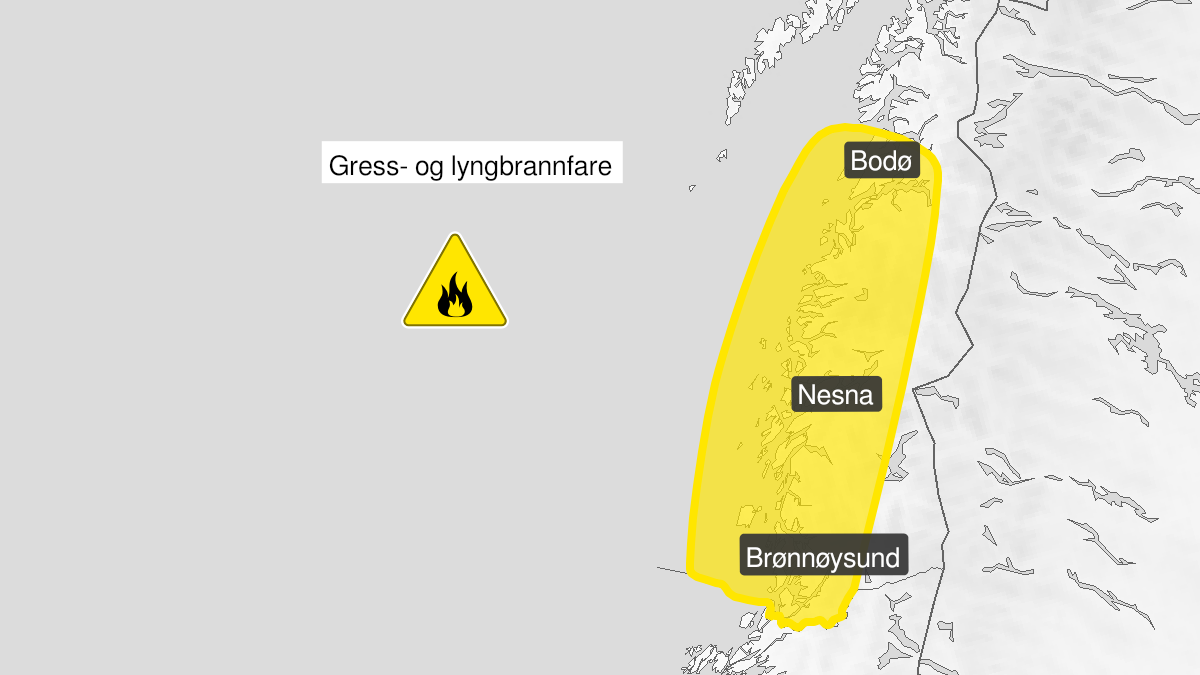 Map over Forest fire danger expected, yellow level, Outer parts of Helgeland and Southern Salten, 2022-12-03T12:00:00+00:00, 2022-12-04T12:00:00+00:00