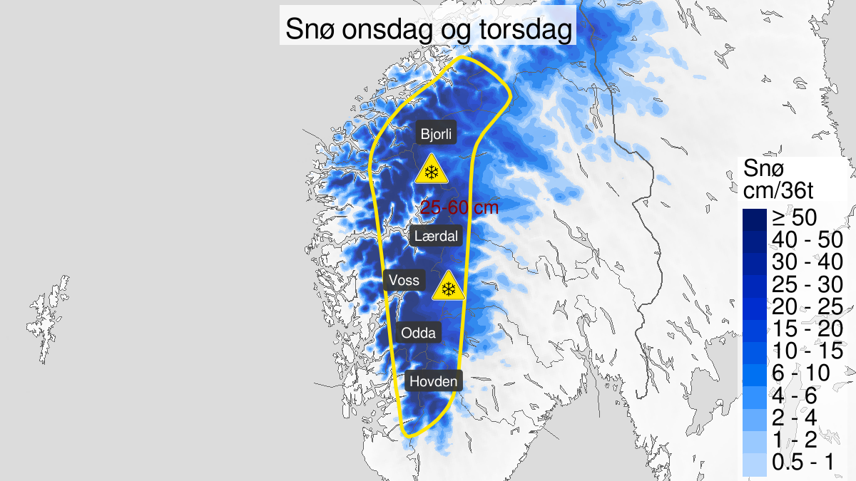Map over Snow, yellow level, Mountain areas in Southern Norway, 2023-10-11T02:00:00+00:00, 2023-10-12T12:00:00+00:00
