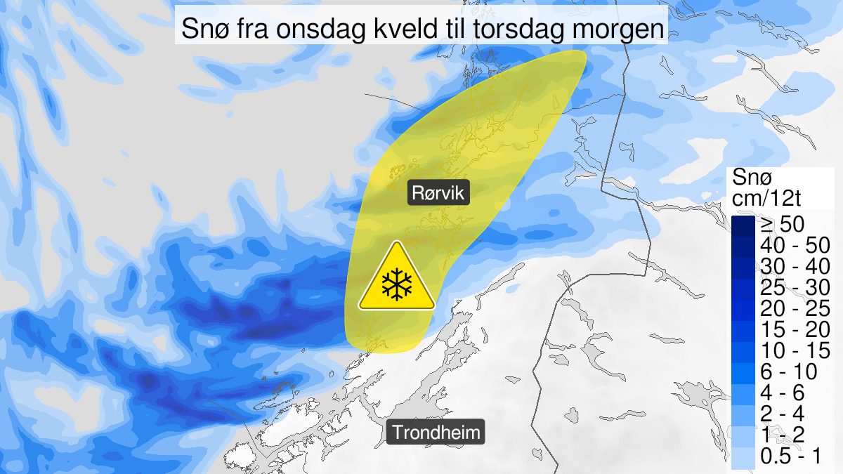 Map over Snow, yellow level, Parts of Helgeland and Trøndelag, 2024-02-07T18:00:00+00:00, 2024-02-08T06:00:00+00:00