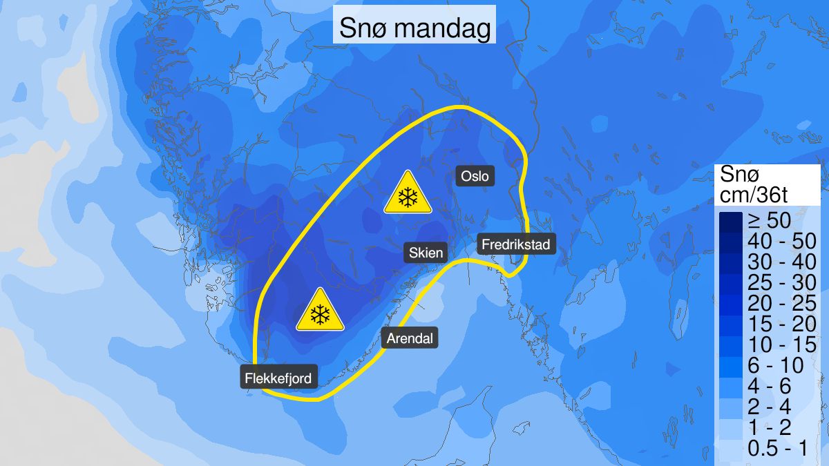 Kart over Snø, gult nivå, Agder og sørlig del av Østlandet, 2023-03-12T18:00:00+00:00, 2023-03-14T03:00:00+00:00