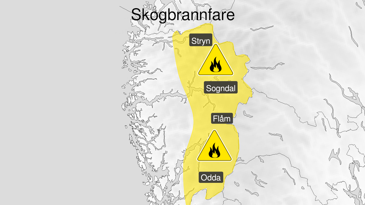 Kart over Skogbrannfare, gult nivå, Deler av Vestland Fylke, 2023-06-23T10:00:00+00:00, 2023-06-26T09:00:00+00:00