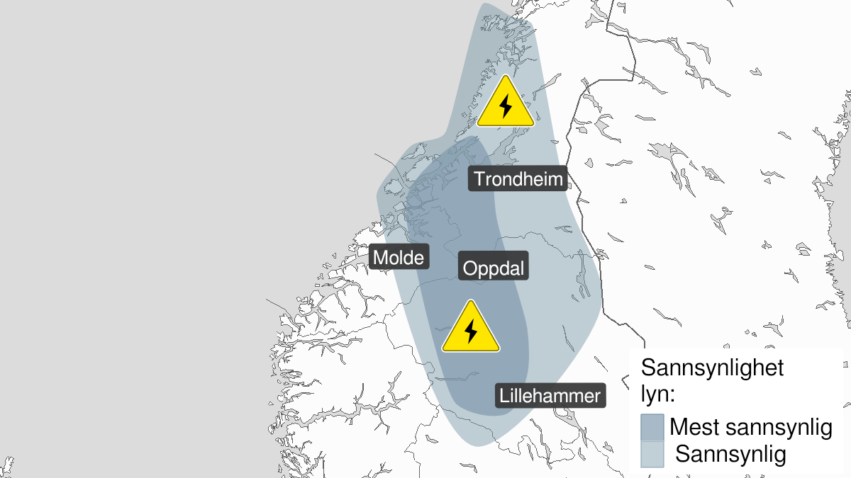 Map over Frequent lightning ongoing, yellow level, Parts of Møre and Romsdal, Trøndelag and Innlandet, 2022-07-25T15:20:00+00:00, 2022-07-25T23:00:00+00:00