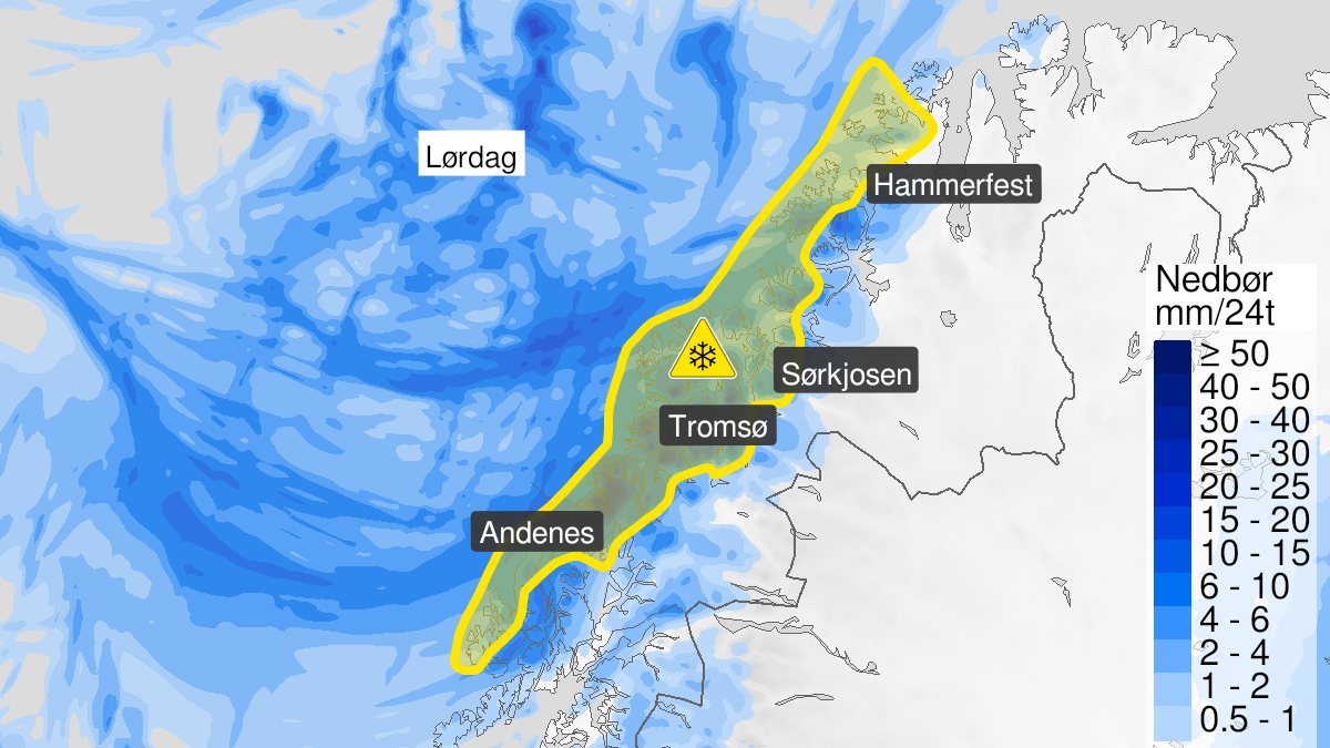Map over Downgraded alert warning for blowing snow, Parts of coastal areas in Nordland, Troms and Finnmark