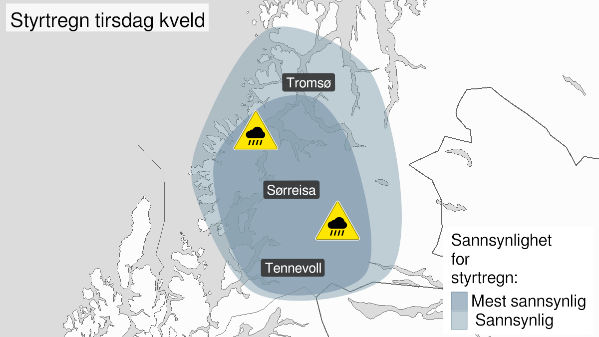 Kart over Styrtregn, gult nivå, deler av Troms, 2022-07-05T17:00:00+00:00, 2022-07-05T23:00:00+00:00