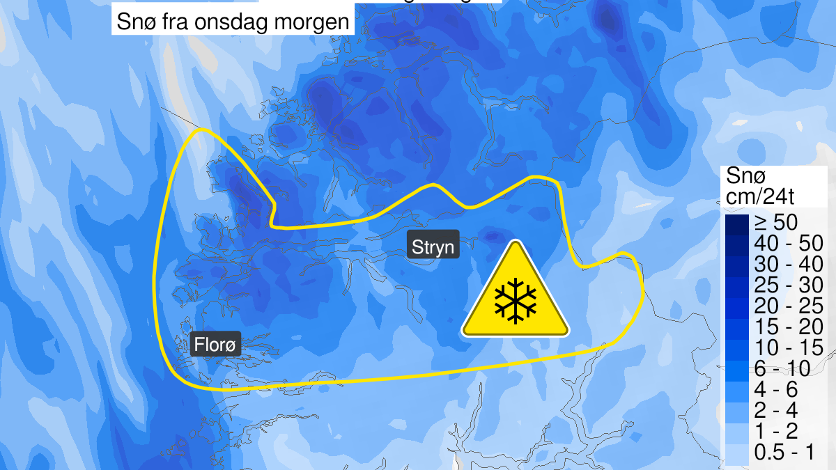 Kart over Snø, gult nivå, Nordlige deler av Sogn og Fjordane, 2022-12-06T14:00:00+00:00, 2022-12-08T16:00:00+00:00