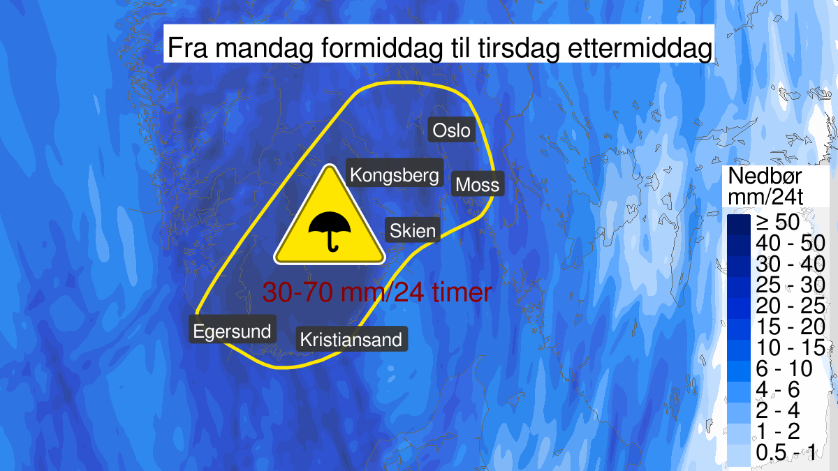 Kart over Mye regn, gult nivå, Deler av Sør- og Østlandet og Rogaland, 2023-09-18T06:00:00+00:00, 2023-09-19T09:00:00+00:00