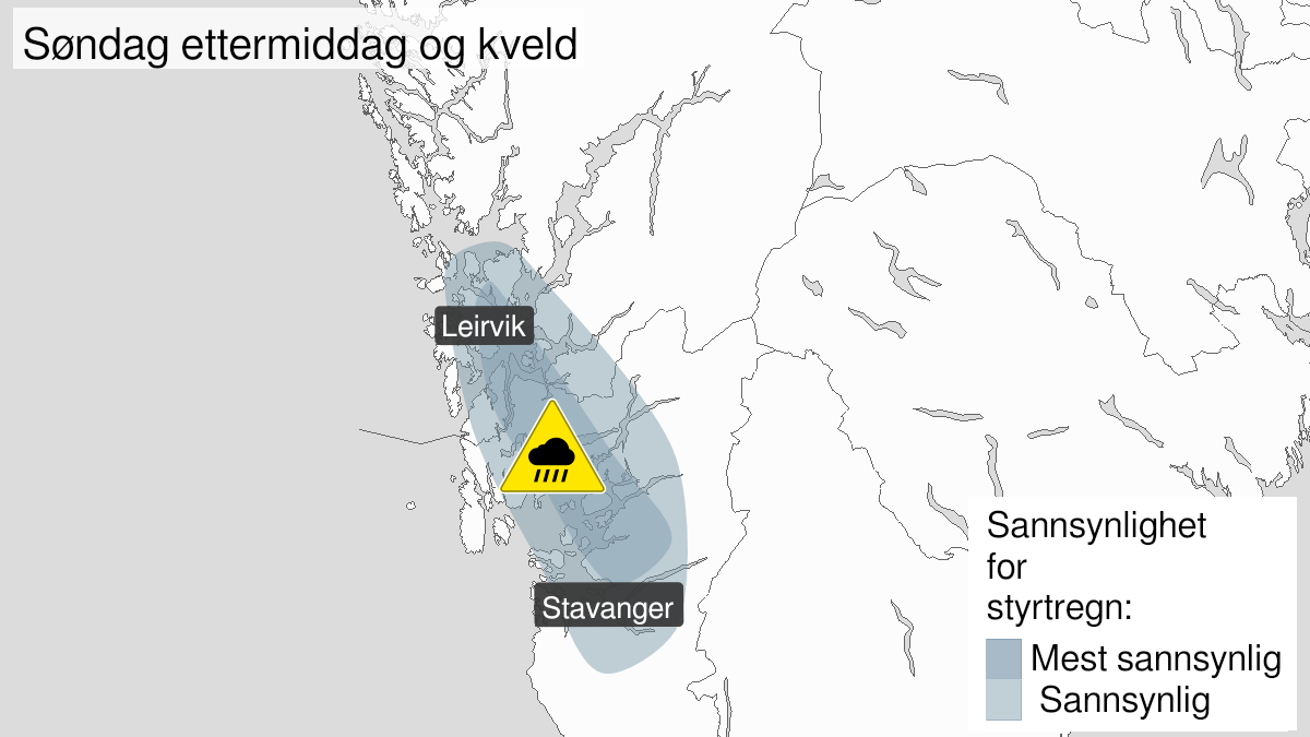 Kart over Styrtregn, gult nivå, Deler av Rogaland og Sunnhordland, 2023-07-30T12:00:00+00:00, 2023-07-30T20:00:00+00:00