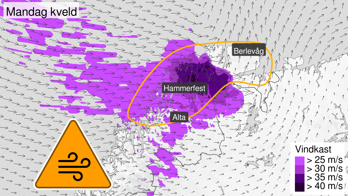 Svært kraftige vindkast, oransje nivå, Finnmark, 16 March 15:00 UTC til 16 March 21:00 UTC.