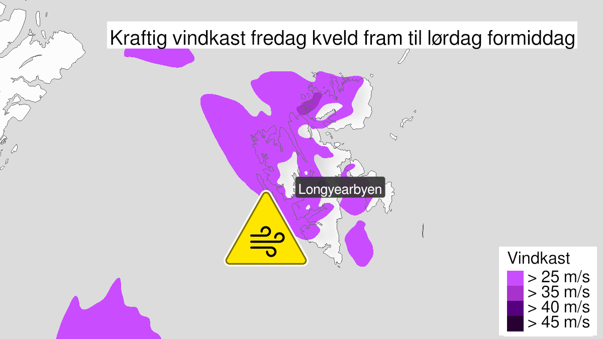 Kart over kraftige vindkast, gult nivå, Nordenskiöld Land på Spitsbergen, 21 January 19:00 UTC til 22 January 06:00 UTC.