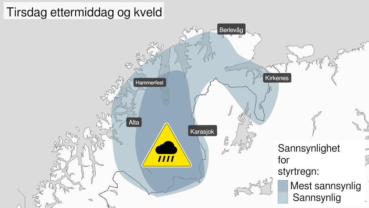 Kart over styrtregn, gult nivå, Finnmark, 21 July 12:00 UTC til 21 July 23:00 UTC.