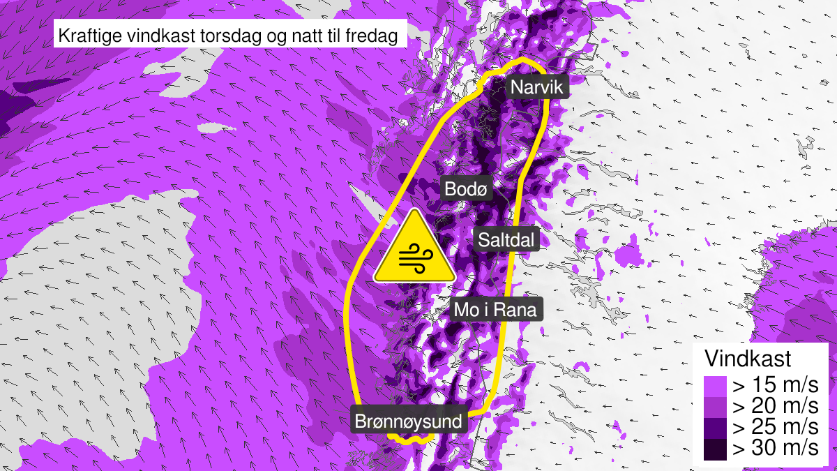 Map over Strong wind gusts ongoing, yellow level, Parts of Nordland, 2022-12-29T10:00:00+00:00, 2022-12-30T06:00:00+00:00