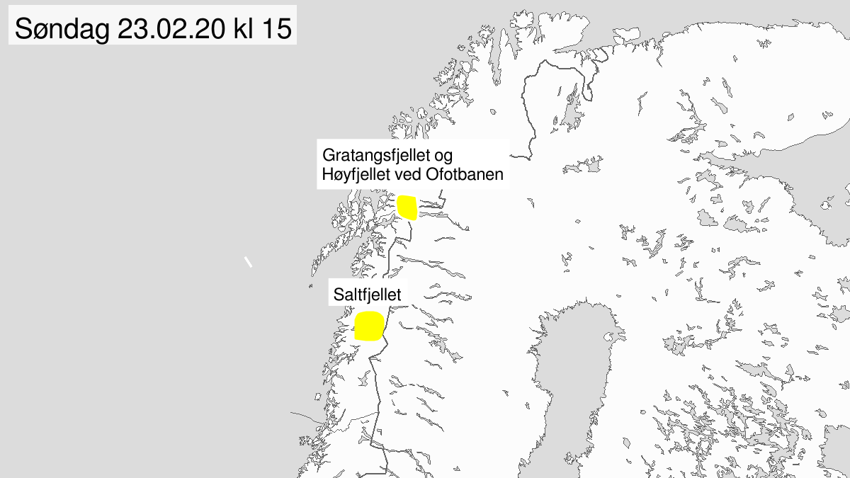 Blowing snow, yellow level, Saltfjellet, 23 February 11:00 UTC to 24 February 02:00 UTC.