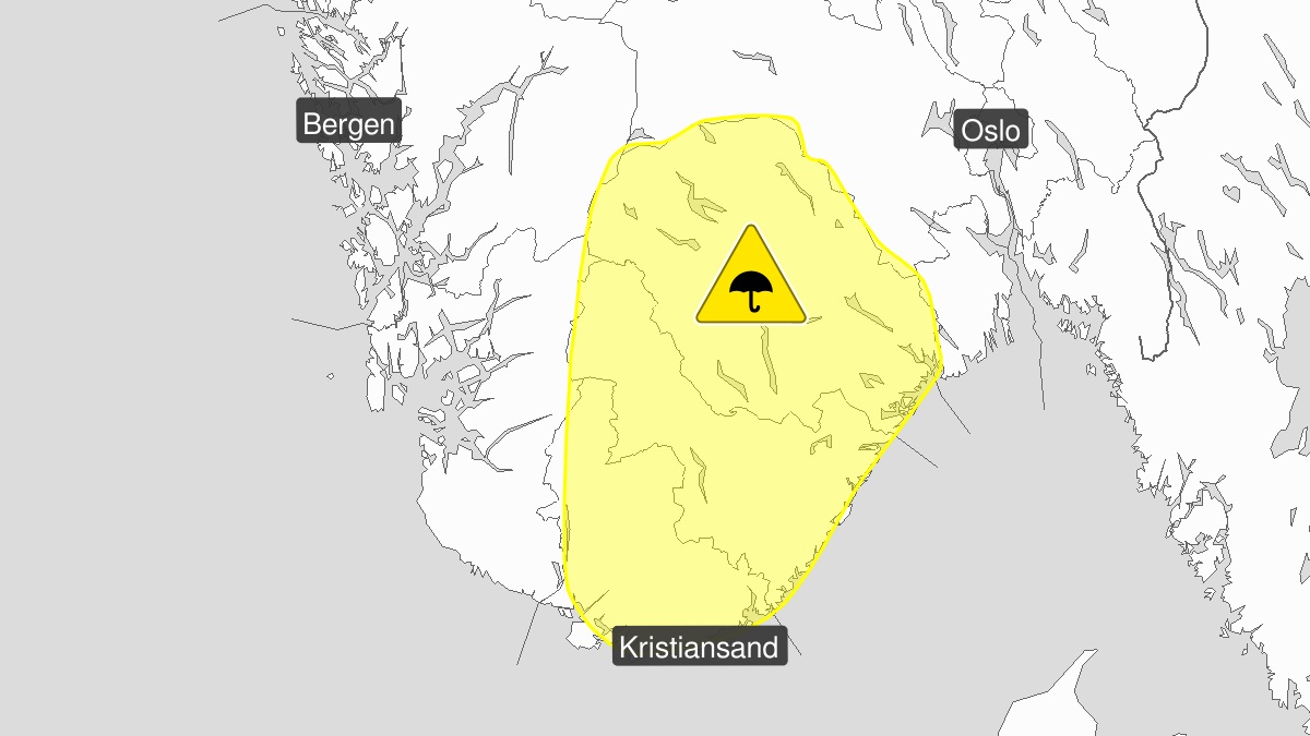 Kraftige regnbyger, gult nivå, Telemark og Agder, 04 August 11:00 UTC til 04 August 22:00 UTC.