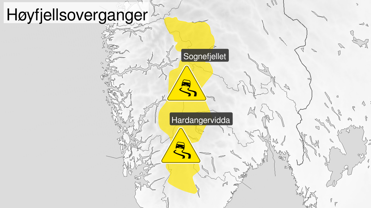 Kart over mye snø, gult nivå, Fjellet i Sør-Norge, 02 July 19:00 UTC til 03 July 15:00 UTC.