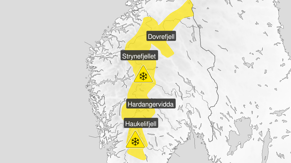 Kart over Kraftig snøfokk, gult nivå, Fjellet i Sør-Norge, 2023-04-13T10:00:00+00:00, 2023-04-14T09:00:00+00:00