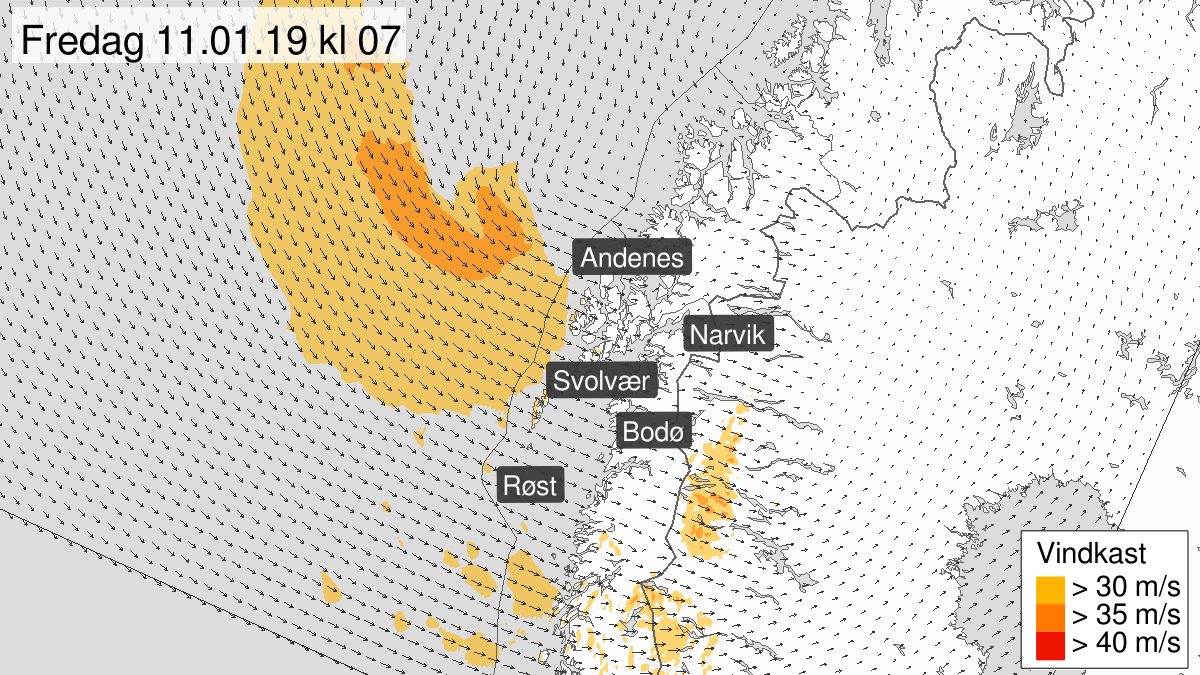 Svært kraftige vindkast, oransje nivå, Nordland, 11 January 03:00 UTC til 11 January 12:00 UTC.