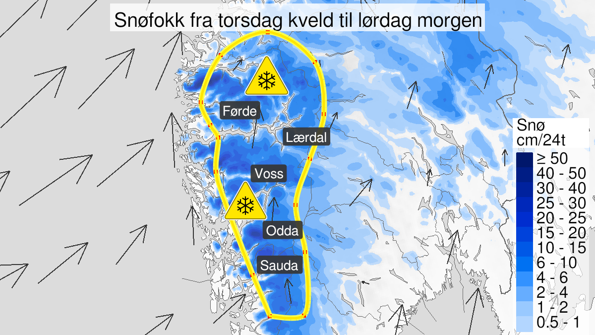 Map over Blowing snow, yellow level, Mountain areas of Vestlandet, 2024-03-21T17:00:00+00:00, 2024-03-23T09:00:00+00:00