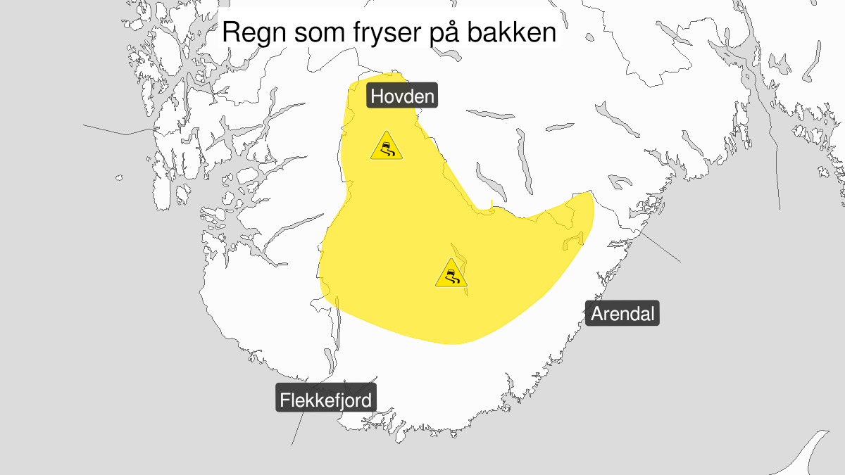 Kart over Is, gult nivå, Indre deler av Agder, 2023-01-07T09:00:00+00:00, 2023-01-07T21:00:00+00:00