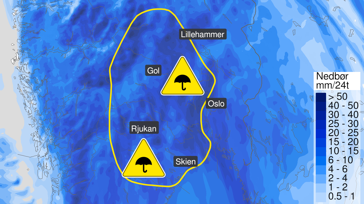 Kart over Mye regn, gult nivå, Vestfold og Telemark, vest i Viken og Innlandet, 2022-09-25T00:00:00+00:00, 2022-09-27T16:00:00+00:00