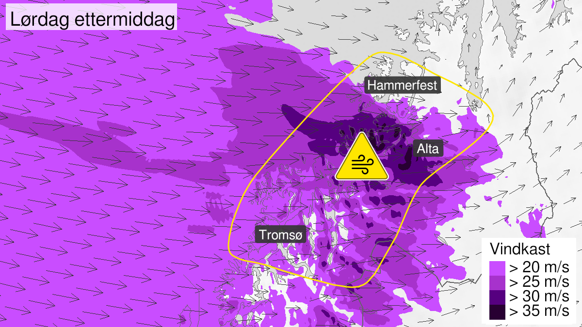 Map of strong wind gusts, yellow level, Nord-Troms and Kyst- and fjordstroekene i Vest-Finnmark, 07 November 11:00 UTC to 07 November 15:00 UTC.