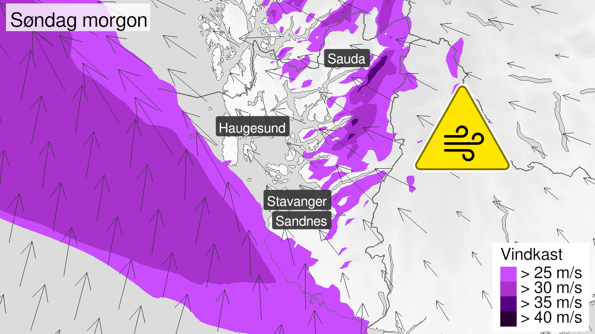Map of strong wind gusts, yellow level, Rogaland, 03 October 03:00 UTC to 03 October 09:00 UTC.