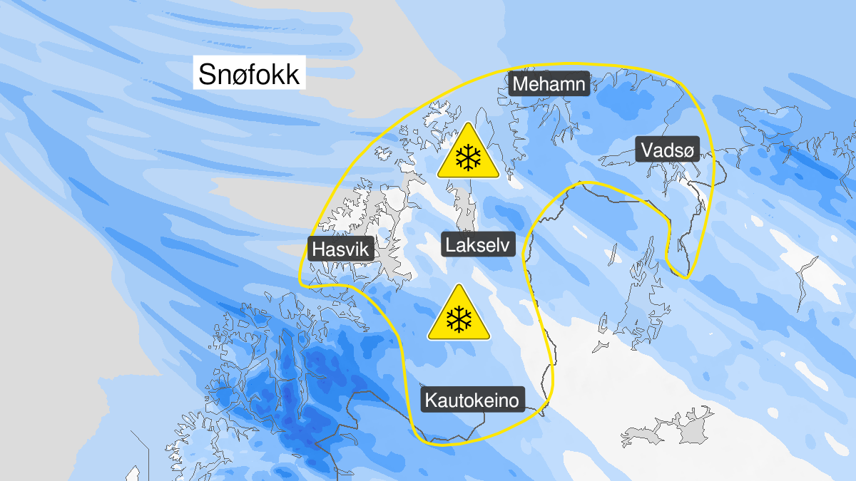 Kart over kraftig snøfokk, gult nivå, Finnmark, 14 January 22:00 UTC til 15 January 12:00 UTC.