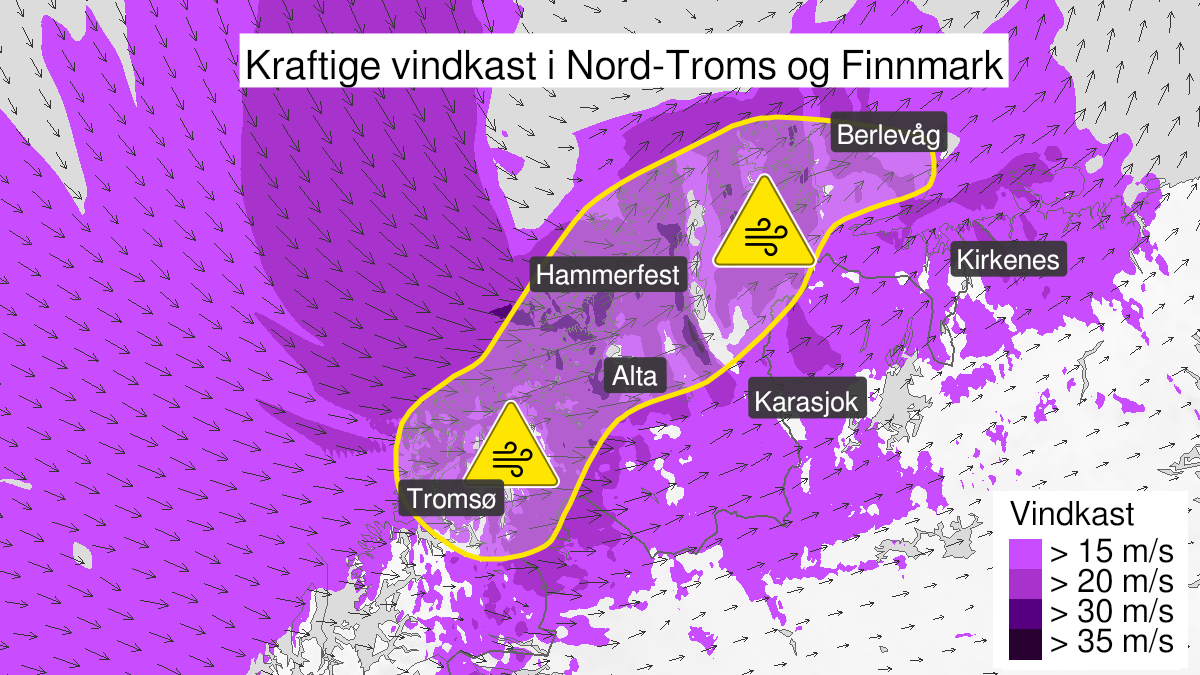 Kart over kraftige vindkast, gult nivå, Nord-Troms og Kyst- og fjordstrøkene i Finnmark, 07 May 11:00 UTC til 08 May 02:00 UTC.