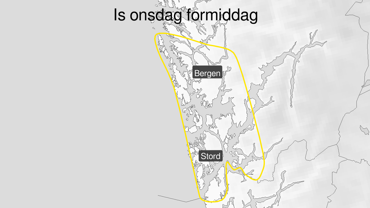 Kart over Is observert, gult nivå, Ytre strøk av Hordaland, 2023-11-15T07:15:00+00:00, 2023-11-15T11:00:00+00:00