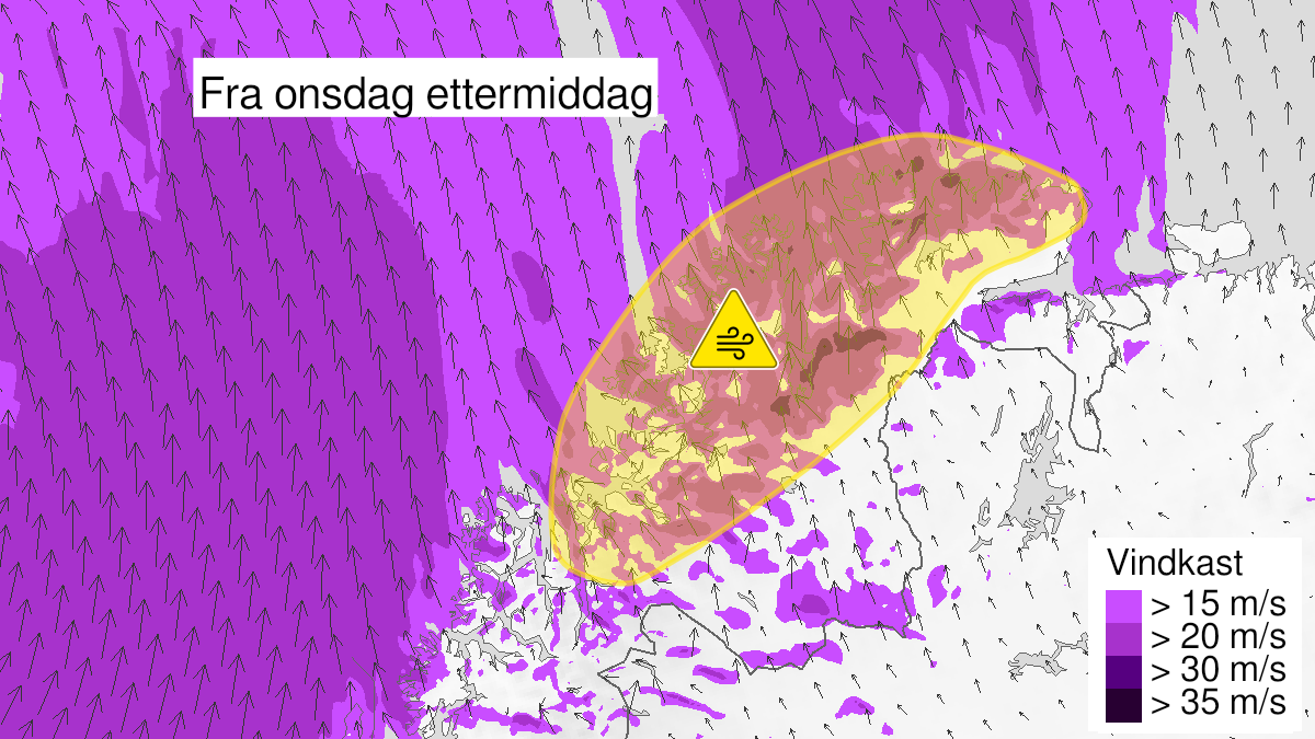 Map over Strong wind gusts, yellow level, Coast and fjords of Finnmark and parts of Northern Troms, 2023-02-22T16:00:00+00:00, 2023-02-23T02:00:00+00:00