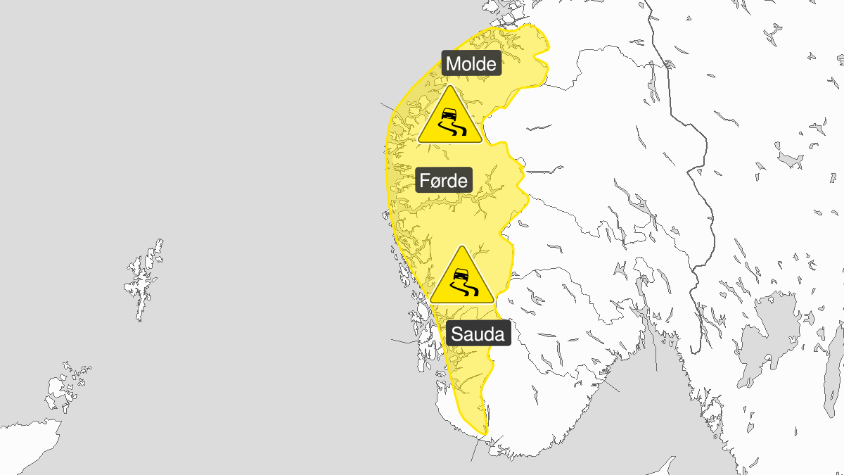 Kart over is, gult nivå, Vestlandet sør for Stad, 03 February 03:00 UTC til 03 February 23:00 UTC.