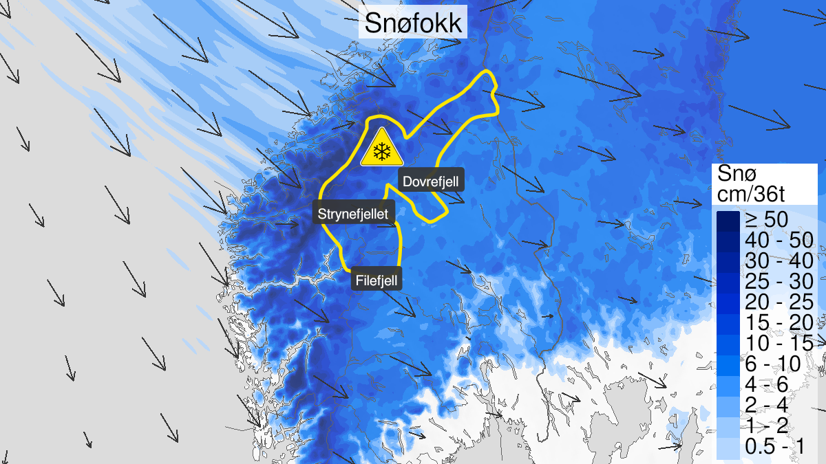 Kart over Kraftig snøfokk pågår, gult nivå, Fjellet i Sør-Norge fra Jotunheimen og nordover , 2023-02-17T09:00:00+00:00, 2023-02-18T23:00:00+00:00