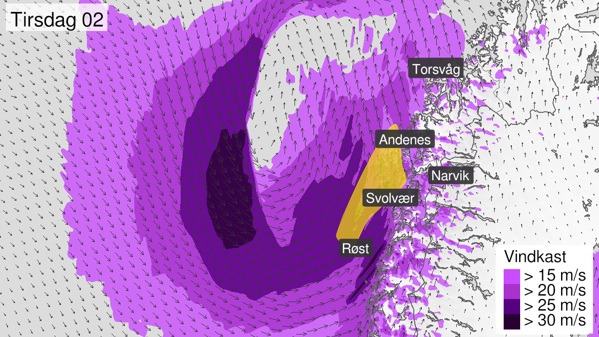 Map over Strong wind gusts, yellow level, Lofoten and Vesteralen, 2024-09-30T21:00:00+00:00, 2024-10-01T12:00:00+00:00