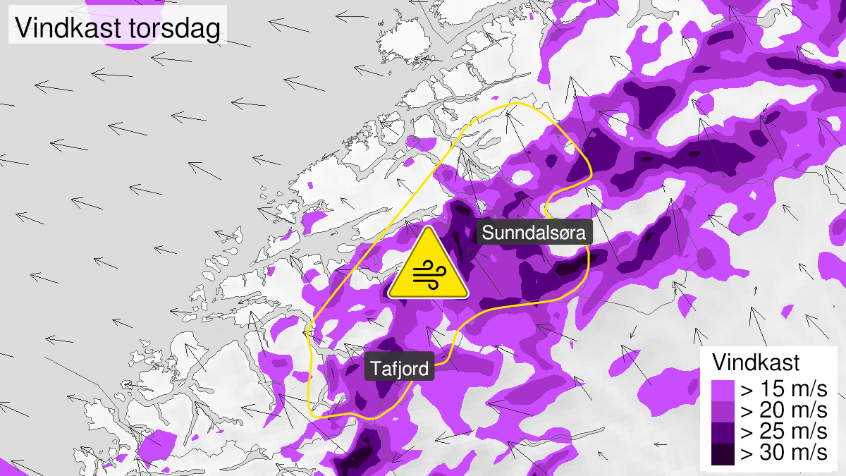 Kart over Kraftige vindkast, gult nivå, Indre strøk av Møre og Romsdal, 2022-12-29T00:00:00+00:00, 2022-12-29T15:00:00+00:00