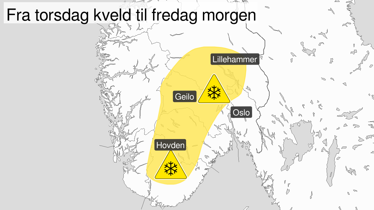 Kart over mye snø, gult nivå, Vest-Agder, Aust-Agder, Telemark, Buskerud, Oppland og Hedmark, 30 April 15:00 UTC til 01 May 08:00 UTC.