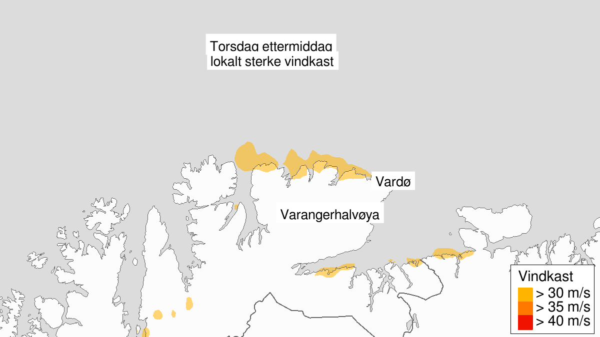 Kraftige vindkast, gult nivå, Øst-Finnmark, 10 January 11:00 UTC til 10 January 17:00 UTC.