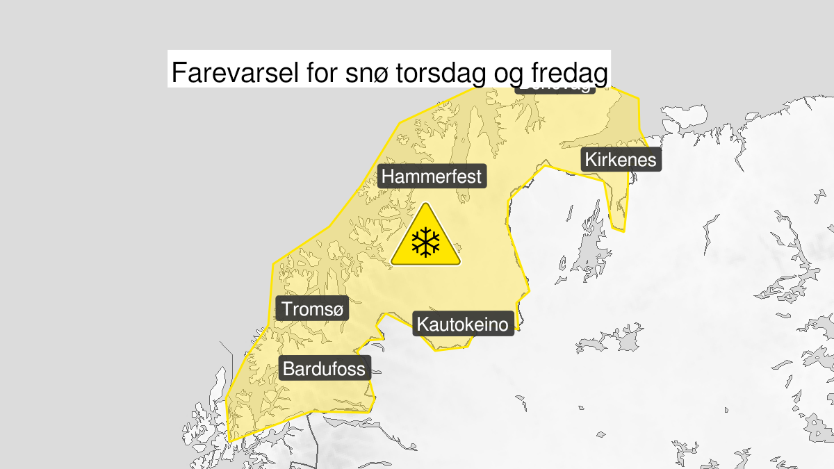 Kart over snø, gult nivå, Troms og Finnmark, 07 October 18:00 UTC til 09 October 05:00 UTC.