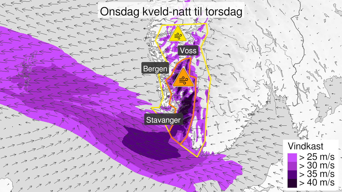 Kart over Svært kraftige vindkast, oransje nivå, Deler av Rogaland og Vestland, 2023-12-27T19:00:00+00:00, 2023-12-28T05:00:00+00:00