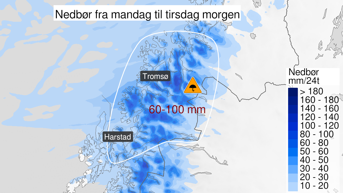 Kart over svært mye regn, oransje nivå, Troms, 21 September 08:00 UTC til 22 September 05:00 UTC.