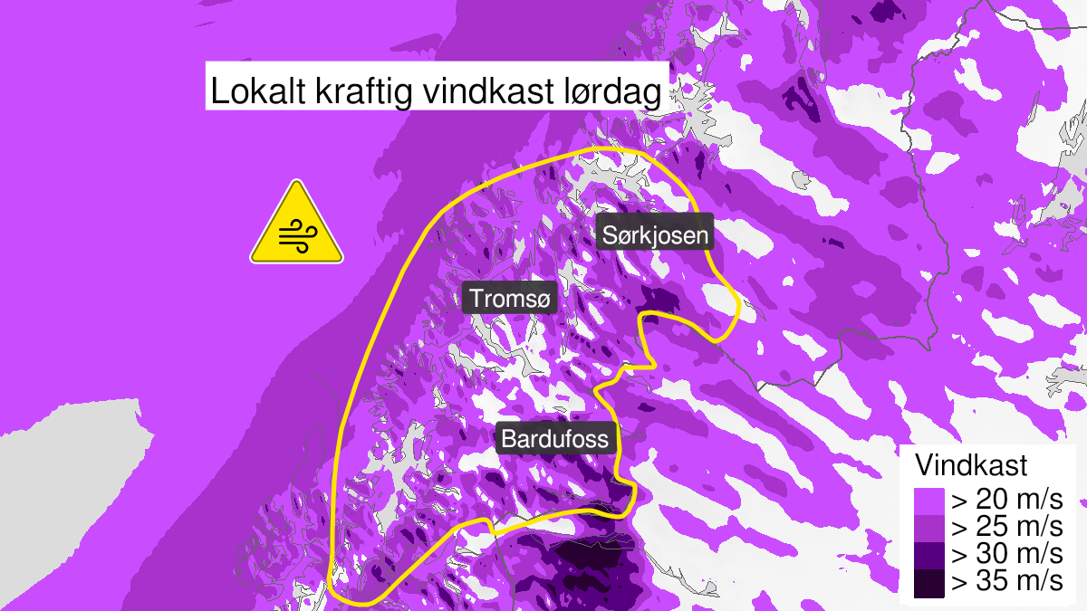 Map of strong wind gusts, yellow level, Troms, 19 March 03:00 UTC to 19 March 14:00 UTC.