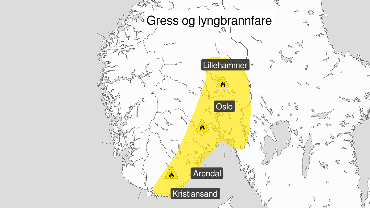 Kart over skogbrannfare pågår, gult nivå, Østafjells, 24 April 00:00 UTC til 26 April 22:00 UTC.