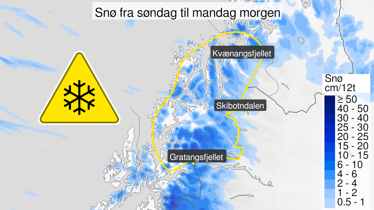 Kart over Snø, gult nivå, høyereliggende områder i Troms, 2024-09-29T07:00:00+00:00, 2024-09-30T06:00:00+00:00