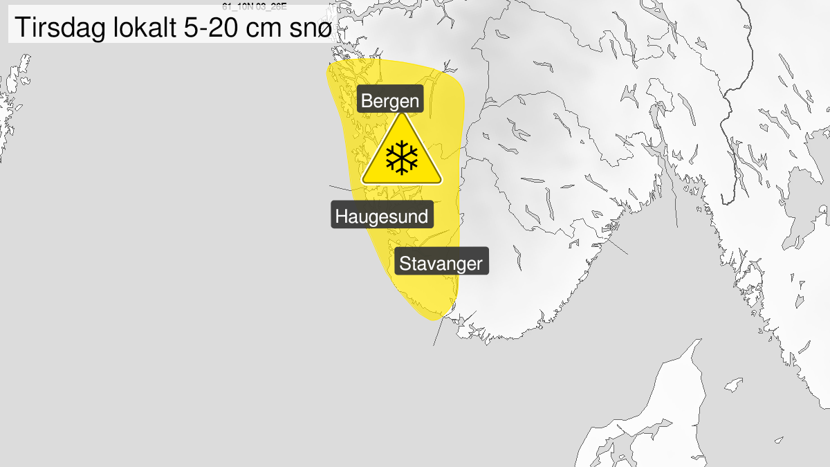 Kart over Snø, gult nivå, Deler av Rogaland og Hordaland, 2022-12-13T00:00:00+00:00, 2022-12-13T21:00:00+00:00