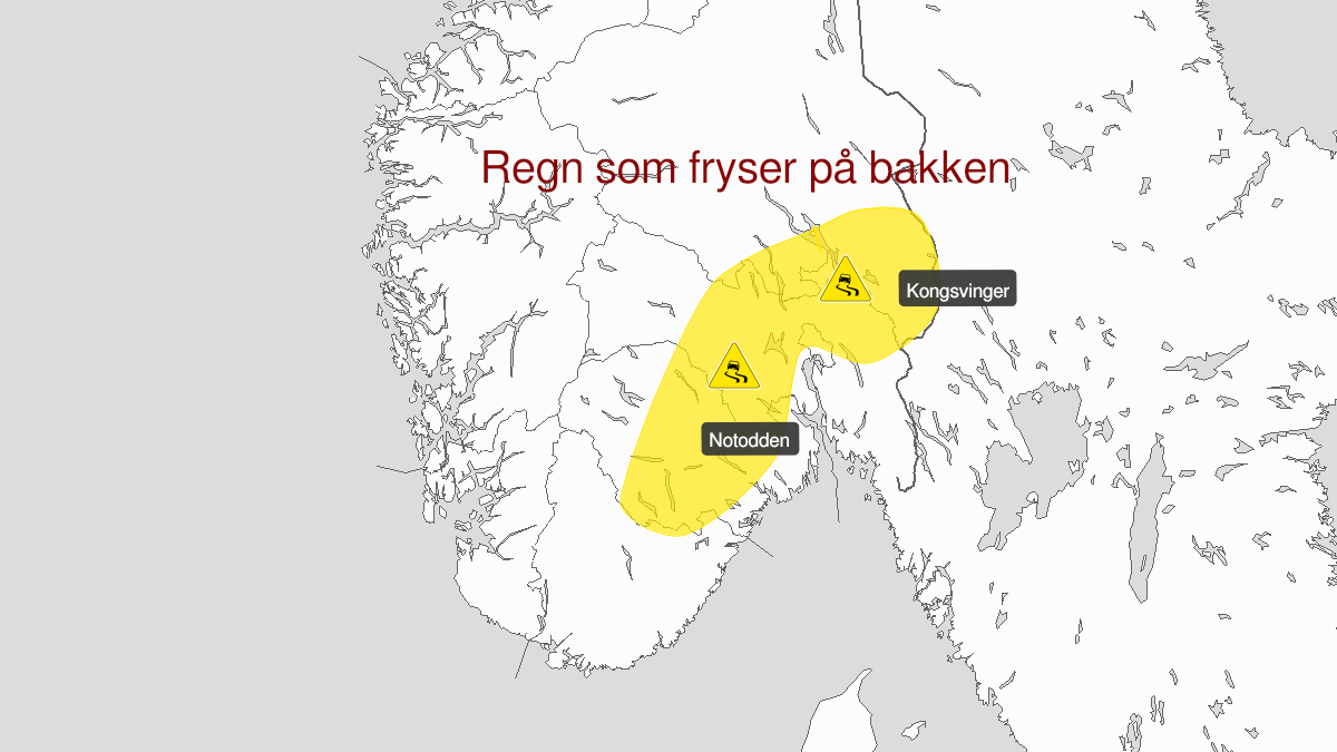 Kart over Is, gult nivå, Deler av Østlandet, 2022-12-20T15:00:00+00:00, 2022-12-20T21:00:00+00:00