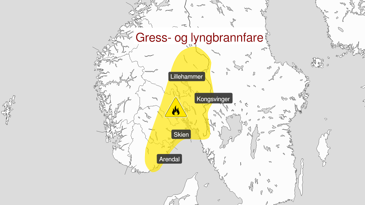 Kart over Skogbrannfare, gult nivå, Deler av Agder og Østlandet, 2023-05-26T10:00:00+00:00, 2023-06-04T20:00:00+00:00