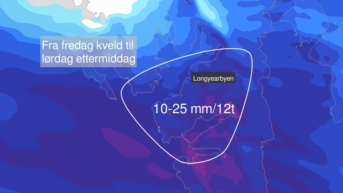 Heavy rain, yellow level, Nordenskiöld Land på Spitsbergen, 30 August 21:00 UTC to 31 August 12:00 UTC.