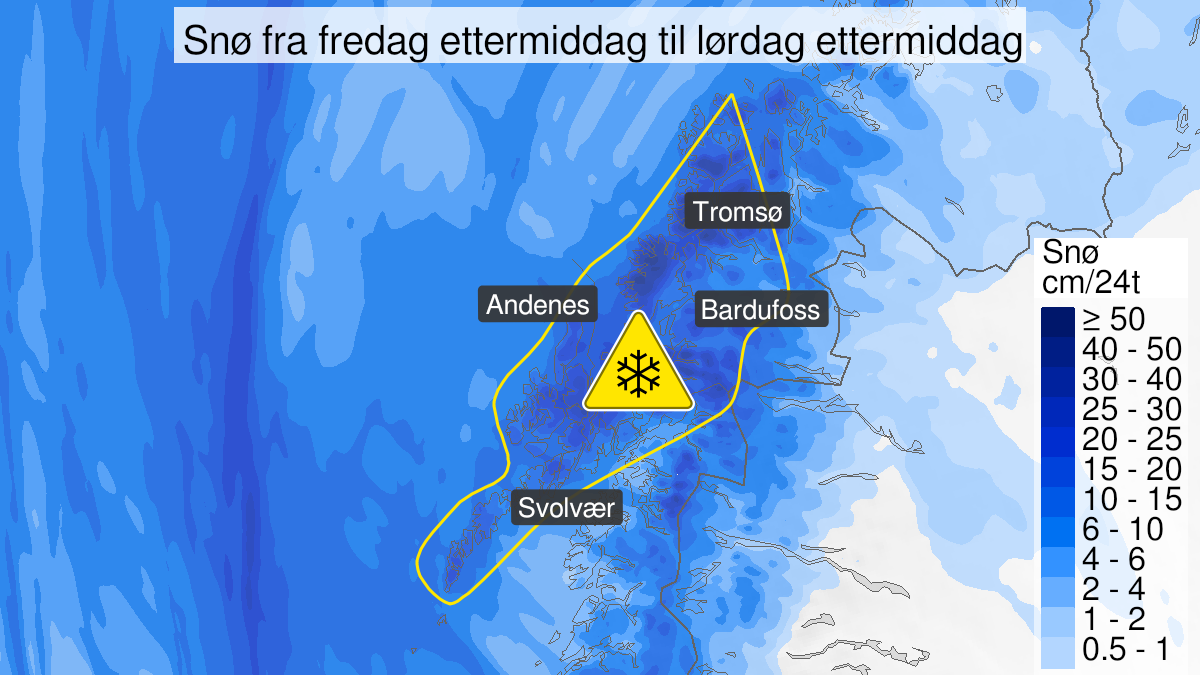 Kart over Nedgradert varsel for snø, Lofoten, Vesterålen og deler av Troms og Ofoten