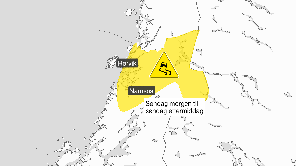 Map of ice, yellow level, Namdalen, 21 February 06:00 UTC to 21 February 14:00 UTC.