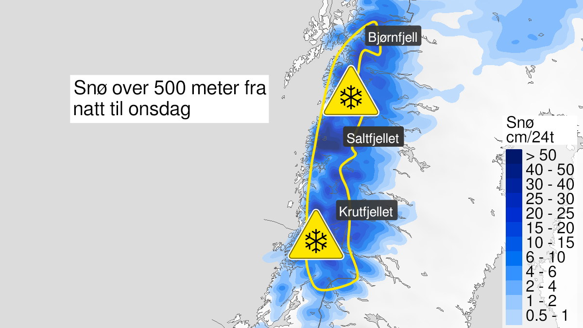 Kart over snø, gult nivå, Nord-Trøndelag og Helgeland, Saltfjellet, Salten og Ofoten, 09 November 22:00 UTC til 10 November 22:00 UTC.