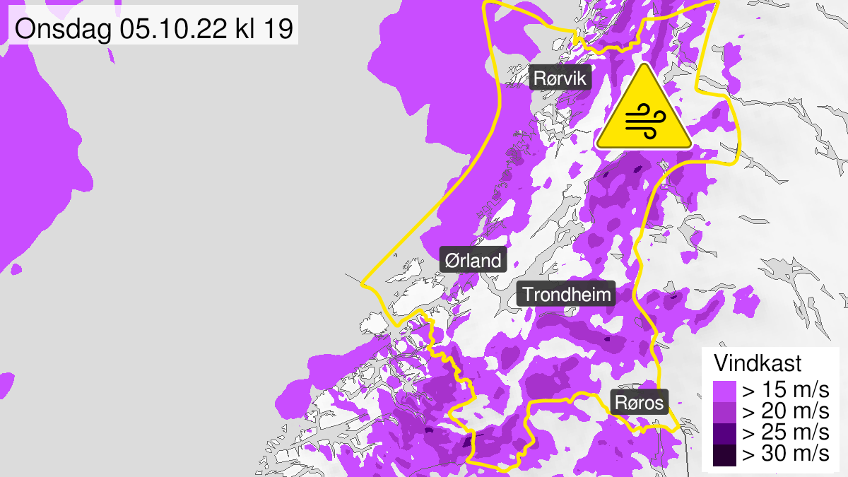 Kart over Kraftige vindkast, gult nivå, Trøndelag, 2022-10-05T18:00:00+00:00, 2022-10-05T23:00:00+00:00