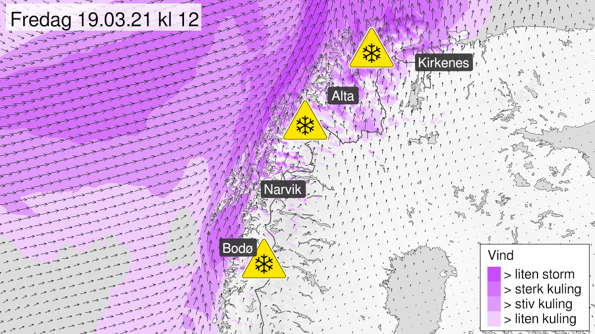 Map of blowing snow, yellow level, Nord-Troms and Kyst- and fjordstroekene i Vest-Finnmark, 19 March 07:00 UTC to 20 March 10:00 UTC.